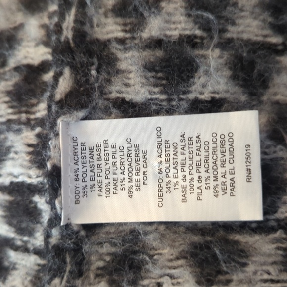 Black / Gray Faux Fox Fur Collar Striped/Dots Long Open Front Soft Cardigan Sz M - Picture 9 of 11